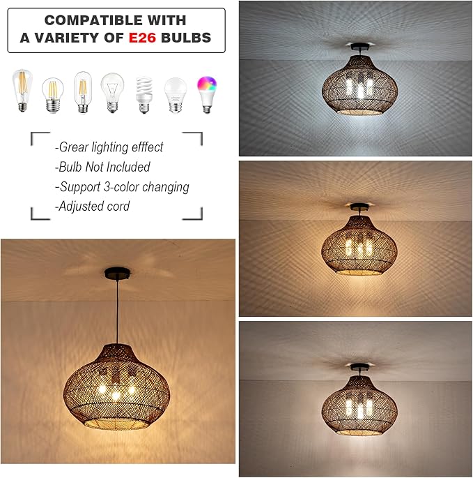 19inch Large Rattan Chandelier, Boho Rattan Chandelier Light 3-Light Wicker Rustic Hanging Light Fixture for Dining Room Kitchen Island Living Room Foyer Restaurant