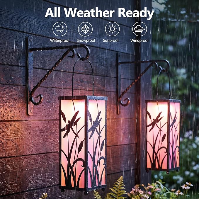 ODEETRONIC Solar Lantern Light, Hanging Dragonfly Lantern with Colorful Film Shade, Metal Solar Tabletop Light Warm White LED Outdoor Garden Lighting Waterproof for Patio Pathway Porch Balcony Decor