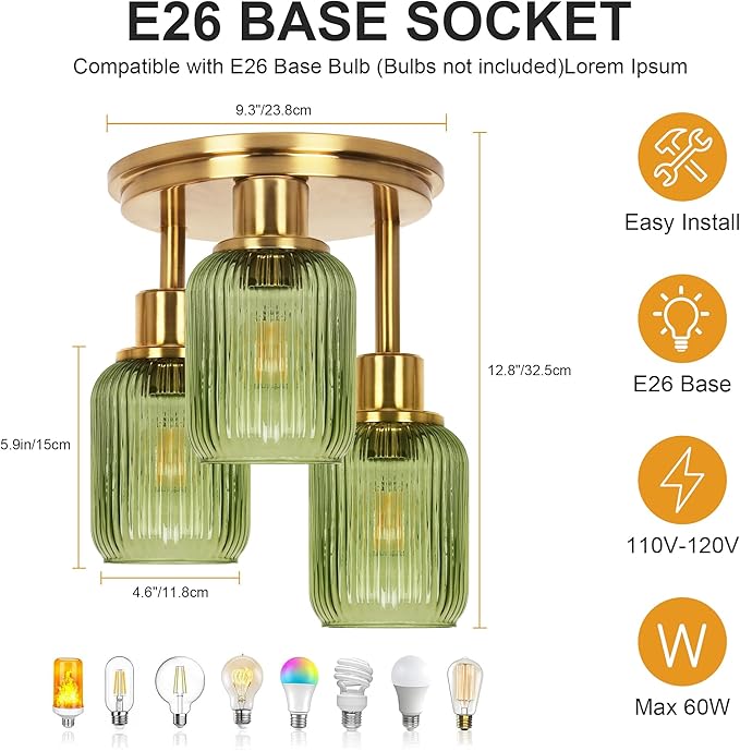 Semi Flush Mount Ceiling Light, 3-Light Close to Ceiling Light Fixtures, Brass Gold Finish Kitchen Light Fixtures with Green Glass Shades Patriot Lighting for Entryway Porch Hallway, Gold & Green