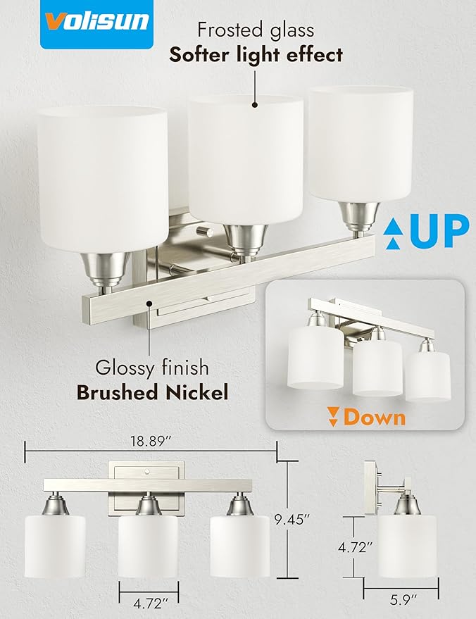 VOLISUN Brushed Nickel Bathroom Light Fixtures, 3-Light Bathroom Vanity Lights Over Mirror, Modern Vanity Light for Bathrooms, Bathrooms Lights Fixtures Over Mirror with Milky White Glass Shades