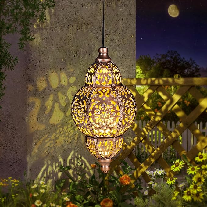 Solar Lanterns,Outdoor Garden Decor Solar Lantern Metal Moroccan Chandelier Gardening Decorative,Outside Hanging Lights Christmas Decorations for Gazebo Patio Yard Tree Ornaments Mother’s Day Gifts