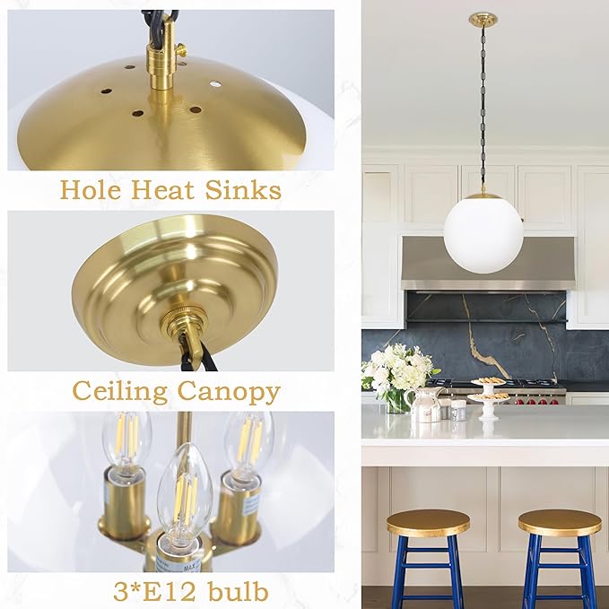 KoKo&Yukina 14" Gold Globe Pendant Light Mid Century Pendant Light Milk Glass Pendant Lights Kitchen Island Adjustable Hanging Light Fixture for Dining Room Bedroom Kitchen Islan