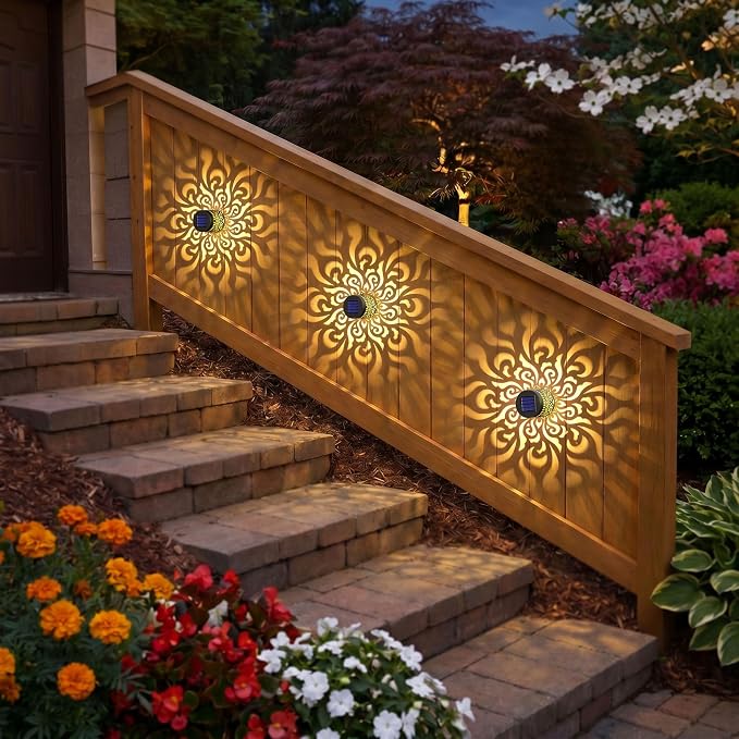 Solar Fence Lights 2 Pack Outdoor Deck Step Wall Lights Metal Waterproof LED Warm Yellow Light for Garden Post Patio Backyard Yard Decor (Mandala-4, 2)