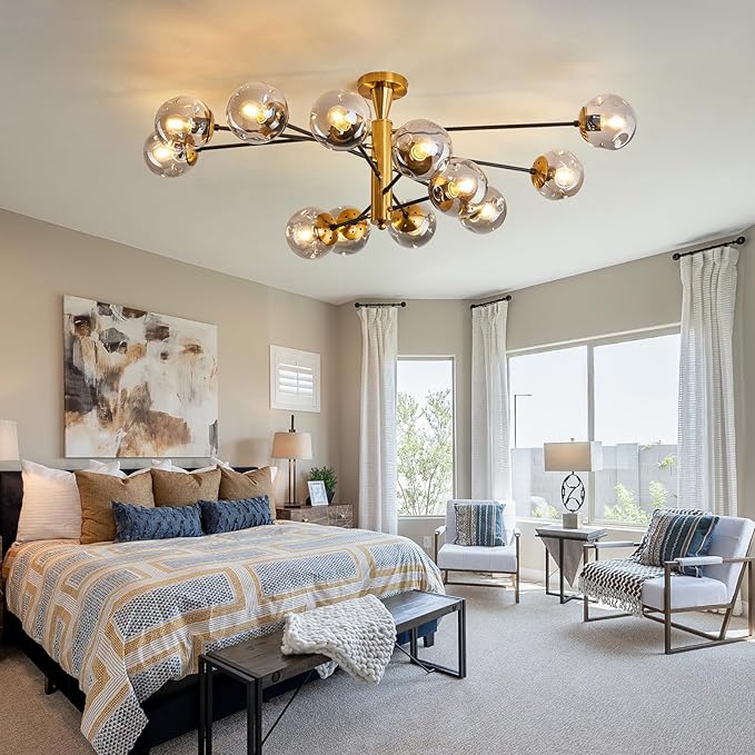 hesoge Large 12 Light Sputnik Semi Flush Mount Ceiling Light Fixture Gold Mid Century Modern Chandelier with Glass Globe Close to Ceiling Light for Living Room Kitchen Dining Room Bedroom.