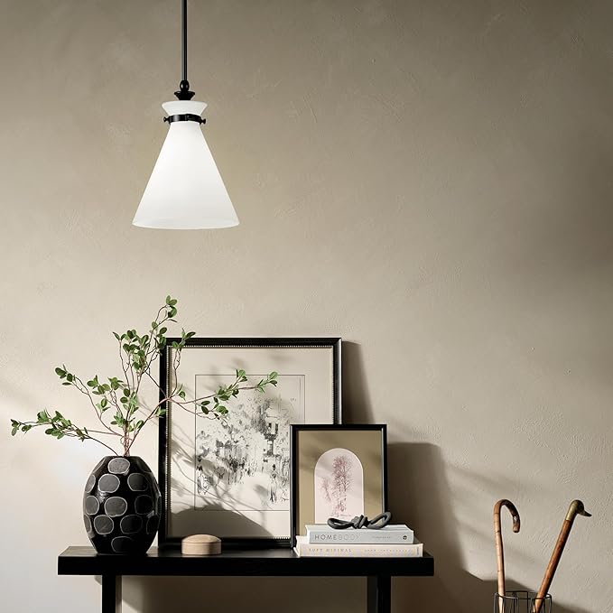 Kichler Laria 1-Light Pendant, Updated Traditional Light, Sloped Ceiling Compatible, for Kitchen with Opal Glass in Black (14.5" x 10.5"), 52774BK