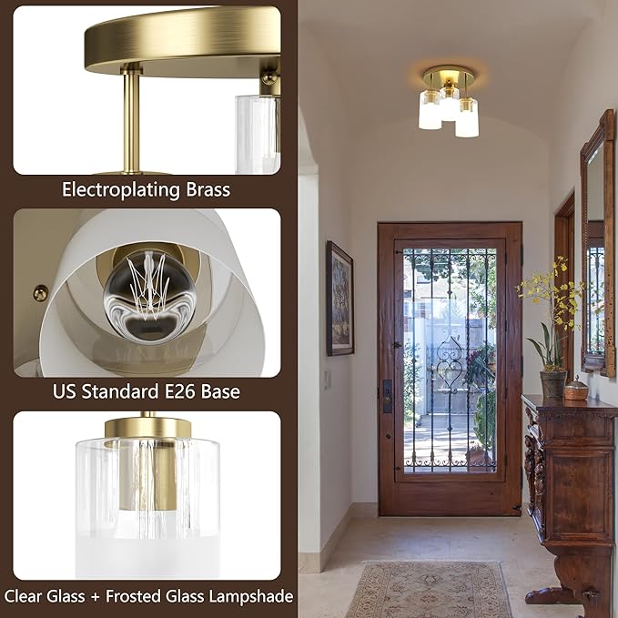 Maxax 3-Lights Brass Semi Flush Mount Ceiling Light Fixture, 11.5" Modern Farmhouse Light Fixture with Clear Frosted Glass, E26 Base, for Kitchen, Foyer, Hallway, Entryway, Bedroom, Stairs