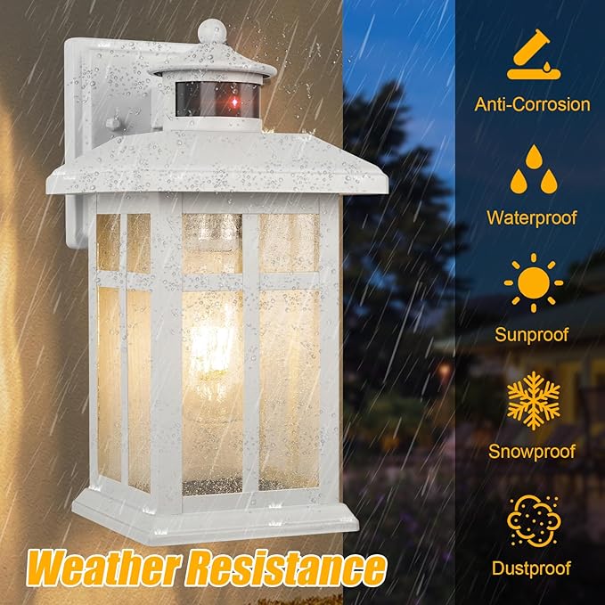 Brilvibera 2 Packs Motion Sensor Outdoor Lights, Outside Light Fixtures for House White, Porch Lights Outdoor 2- Pack with E26 Sockets & Tempered Glass, Waterproof Exterior Wall Lights Motion Sensor
