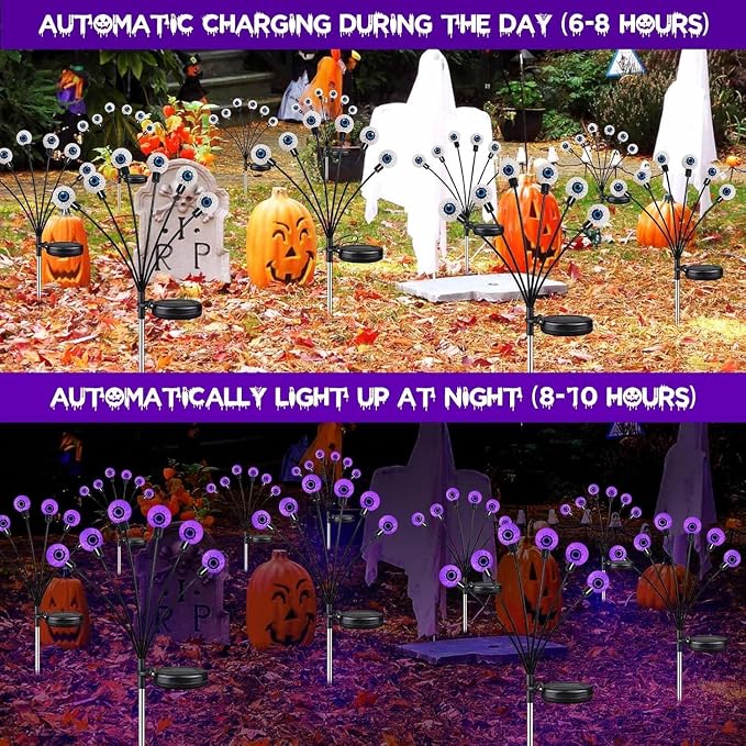 Solar Halloween Decorations Outdoor 4 Pack 24LED Purple Solar Eyeball Light | Newly 3-Tier Design, 2 Lighting Modes, Auto ON/OFF, IP65 Waterproof, Firefly Lights for Walkway Yard Lawn Garden Horror Party