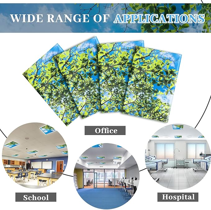 VIHOSE 4 Pcs 2 x 2 Feet Fluorescent Light Covers for Ceiling Lights Classroom Magnetic Light Filters for Reducing Harsh Glare Flicker for Office Classroom Home Drop Ceiling(Sky Leaves)