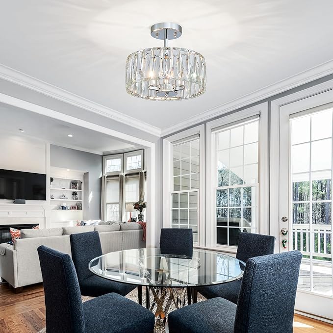 Crystal Ceiling Light, 3-Light Modern Semi-Flushmount Ceiling Light for Living Room, Dinning Room Hallway, D12xH9inch, Chrome Finish Frame & K9 Crystal