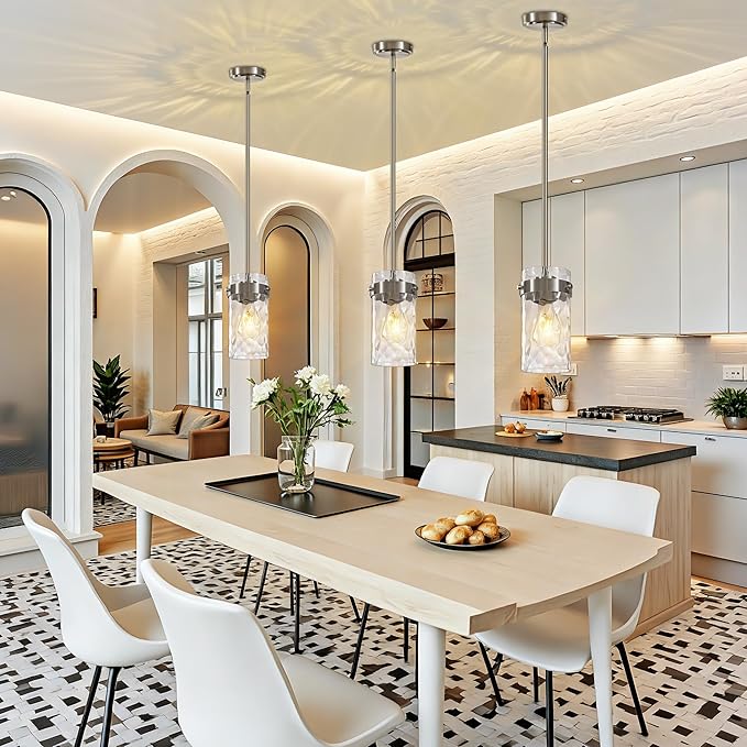 4.72" Hammered Glass Pendant Lighting for Kitchen Island 1 Pack, Modern Brushed Nickel Pendant Light Fixtures, Adjustable Ceiling Pendant Light for Kitchen Island Dining Room Bedroom Hallway