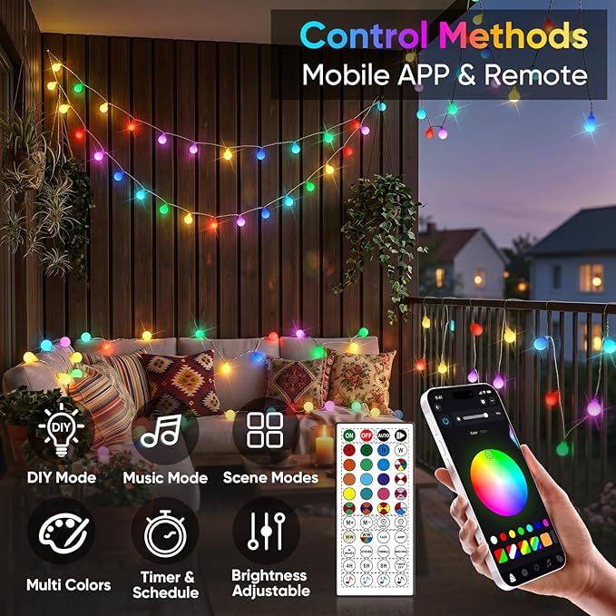 OMIKA 50FT 100 LED Smart Color Changing Globe String Lights, Smart Fairy Lights APP & Remote Control, Music Sync Twinkle Light, 100+ Dynamic Mode for Bedroom Classroom Party Christmas Decoration