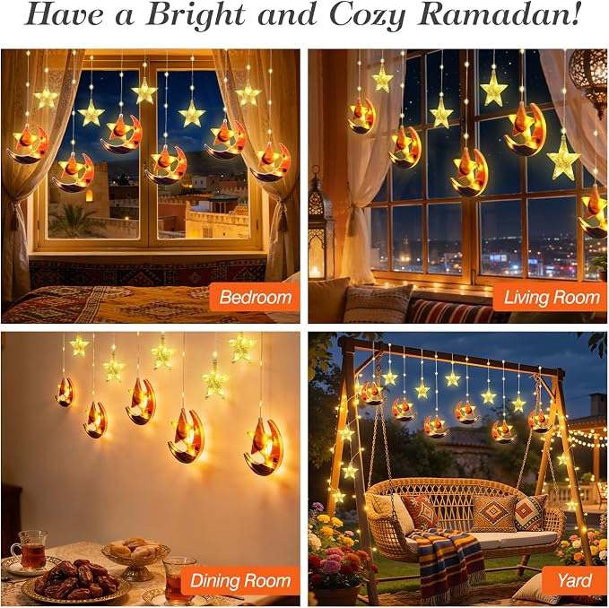 Lewondr Ramadan Curtain String Lights, 138 LED Moon Star Fairy Lights with 6H Timer, 8 Modes, Remote Control, USB Powered Curtain String Light, Eid Mubarak Decorations for Ramadan Home Decorations
