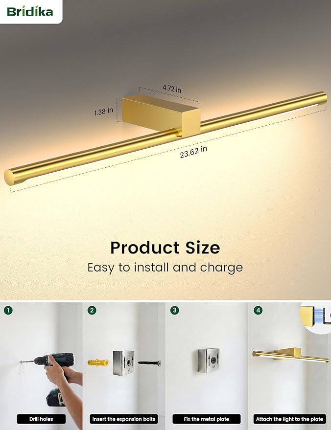 Bridika Metal Picture Light for Wall 23.6inch, Battery Operated Art Light for Paintings Wireless with Remote & Timer, 3 CCT, Dimmable Wall Lights for Picture, Gallery, Artwork,Portrait Gold 1
