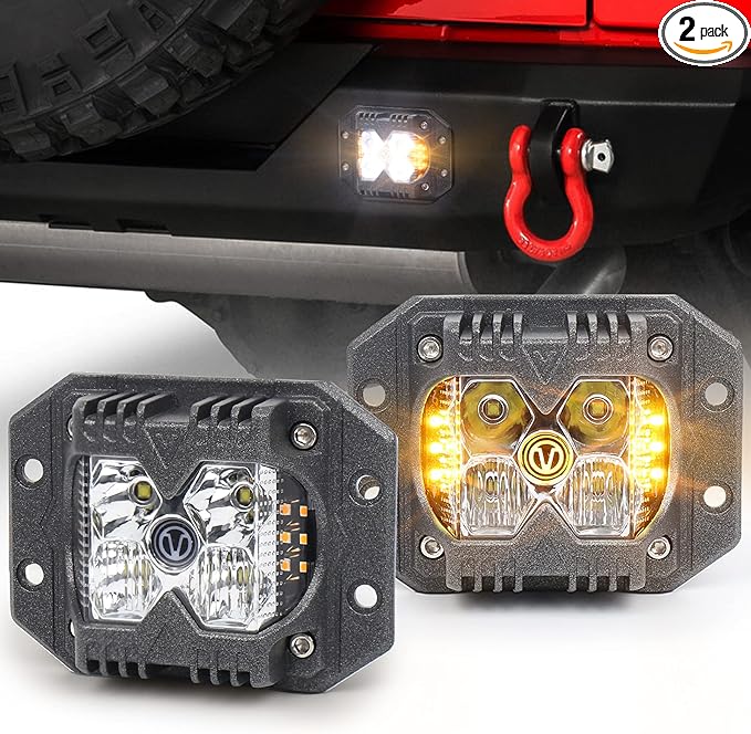 MOVOTOR Flush Mount Led Pods, Combo Offroad Driving Pods with Separate Amber Solid/Strobe Side Shooters Backup Reverse Lights Cube Working Lights for Truck Jeep ATV SUV 4x4