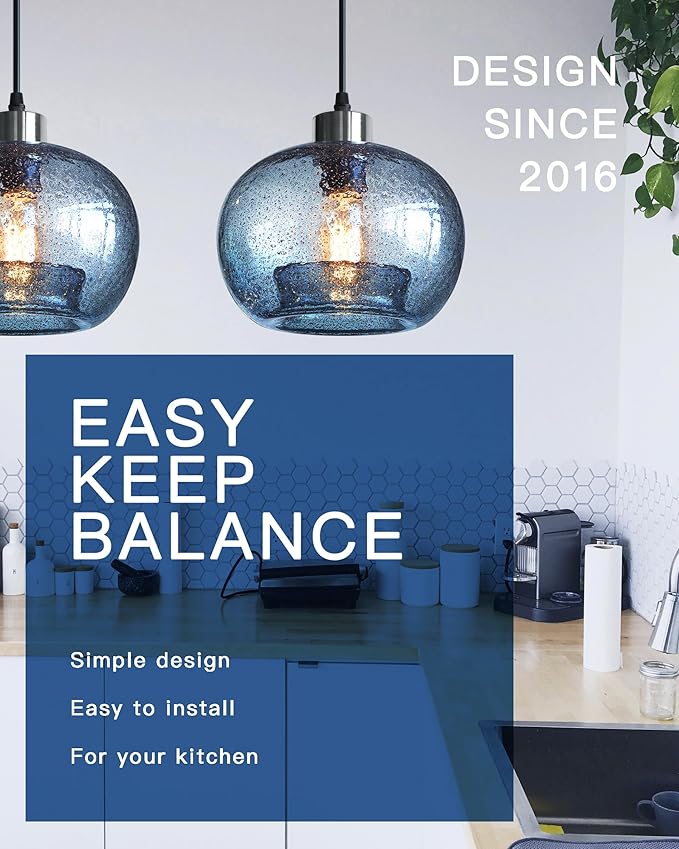 CASAMOTION Pendant Lighs Kitchen Island Hand Blown Glass Marble Blue Color Modern Rustic Style Ceiling Hanging Light Fixtures Dining Room Brushed Nickel 8.7 Inch Diam 2 Pack