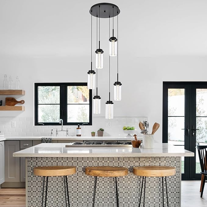 MELUCEE Modern LED Pendant Light Fixtures 6-Light Pendant Lights Kitchen Island with 3000K-6000K Adjustable Color Temperature Black Ceiling Hanging Lamp for Dining Room Bedroom Kitchen Island