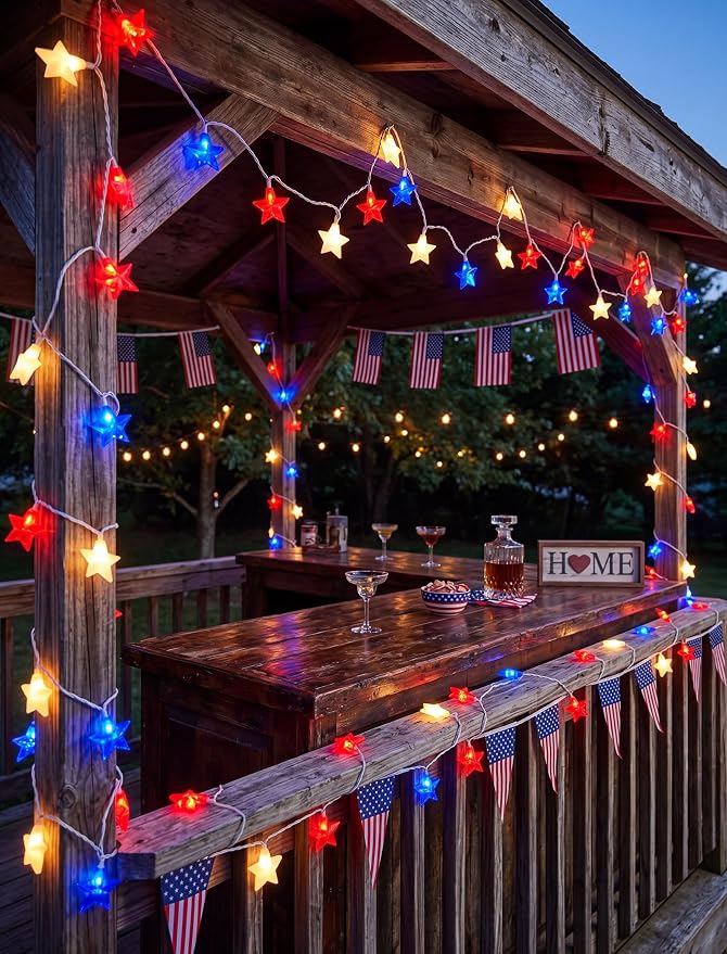 10 LED Red White Blue Star String Lights Outdoor, 8.5Ft 4th of July Decorations Lights Waterproof, Connectable Plug in Patriotic Star Fairy Lights for Home Patio Independence Day Memorial Day Flag Day