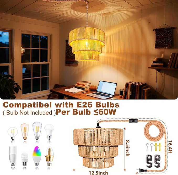 Maliralt Rattan Pendant Light Hanging Lamps - 16.4ft Plug in Cord Hanging Light Fixture Plug Into Wall Outlet Pendant Lighting with On Off Switch for Bedroom Living (3-Tier Rattan Lamp Shade)