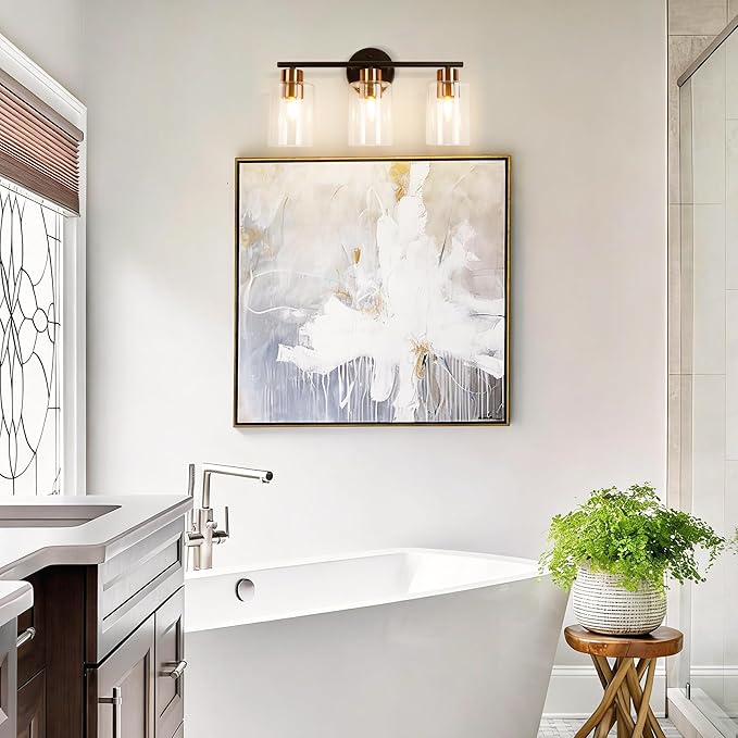 Bathroom Vanity Light, 3-Light Wall Sconce, Modern Matte Black and Gold Brushed Brass with Clear Glass Classic Lamp for Dressing Table, Bathroom Light Fixtures Over Mirror Bedroom Hallway