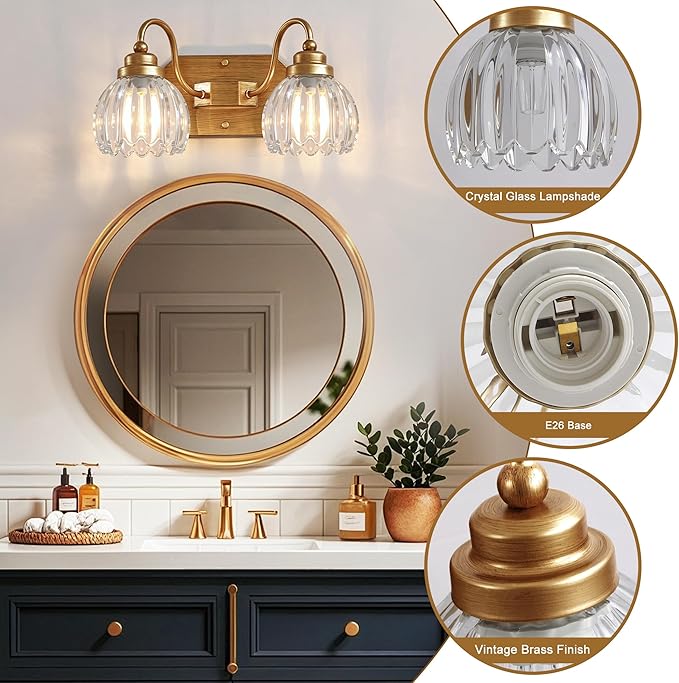 Gold Vanity Light, Vintage Bathroom Light Fixtures, 2-Light Matte Antique Brass Finish with Crystal Glass Shade, Mid Century Style Wall Sconces for Bedroom, Living Room