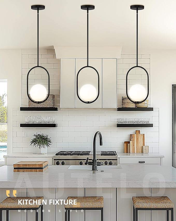 AUTELO 2 Pack Pendant Lights Kitchen Island, Matte Black Glass Pendant Lights with Milky White Globe Hanging Lamp, Adjustable Rods for Kitchen Bar Dining Room, H9376 MGBK-2PK