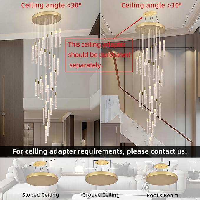 30-Light Gold High Ceiling Chandeliers Modern Crystal Chandeliers for Entryway Long Spiral LED Dimmable Chandelier Flush Mount Ceiling Staircase Foyer Living Room Ceilings Light Fixture