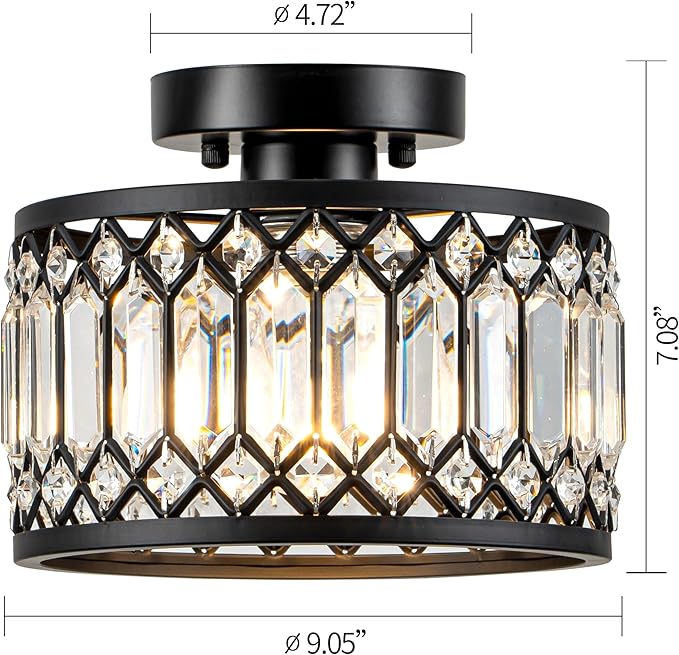 Crystal Ceiling Light, Black Flush Mount Ceiling Light Fixture, Flush Mount Chandelier, light Fixture for Hallway, Entryway, Bathroom; Laundry Room, Kitchen, 1 light, 9 Inch (Bulb NOT included)