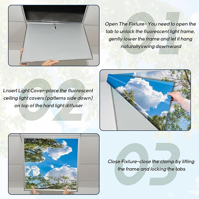 Amylove 8 Pcs 4 x 2 Feet Backlit Film Material Fluorescent Light Covers Classroom Filters Ceiling Light Covers Panels Florescent Diffuser(Blue Sky, Leaves)