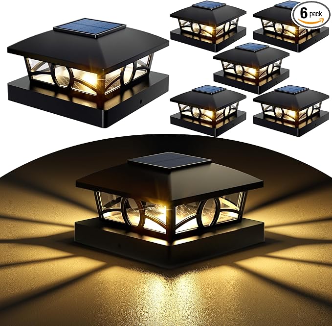NIORSUN Solar Post Lights Outdoor, Fence Post Solar Lights Warm White Outdoor Waterproof Edison LED Bulbs Garden Patio Fence Deck Decor, 4x4 Wood Vinyl Post Cap Lights, Black 6 Pack