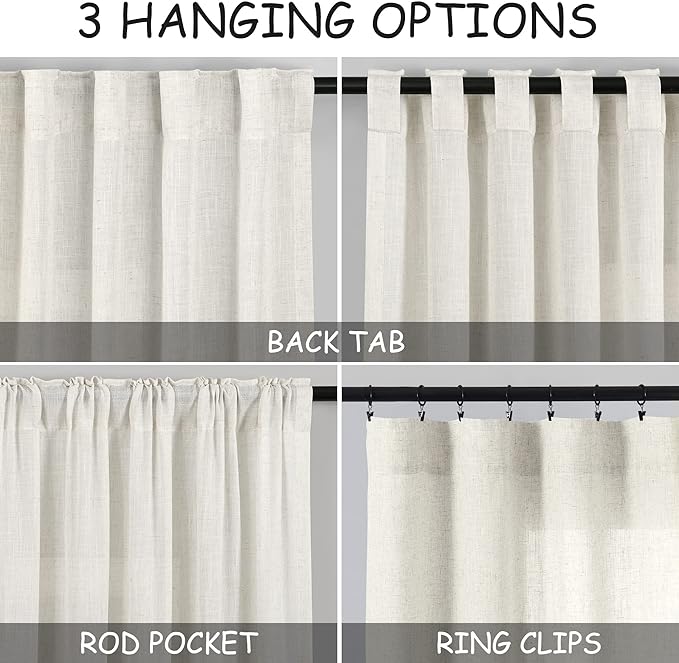 Nanspring Cream White Linen Curtains 70 Inch Length 2 Panels Set for Living Room Back Tab Pocket Window Curtain Drapes Neutral Rustic Farmhouse Decor Ivory Dining Room Curtain 70 Inches Long