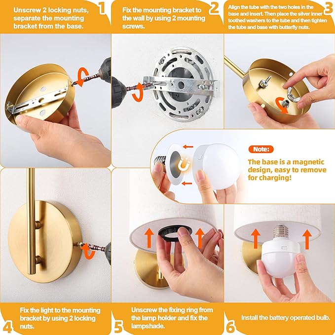 MATAMEYE Battery Operated Wall Sconce Set of 2, Gold Rechargeable Dimmable Wall Light Fixture Remote, 12 RGB Colors & Timer, Wireless Lamp Linen Shade