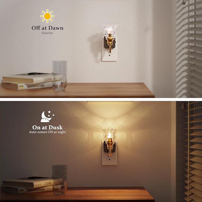 JandCase Night Light, 2 Pack Floral Night Lights Plug into Wall, Glass Flower LED Nightlight, 0-100 LM Dimmable Nightlights with Light Sensor, 1W Vintage Nite Light for Bathroom Gift Vanity Decor