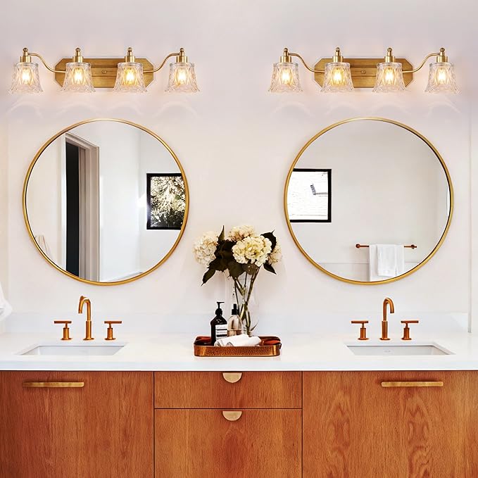 Gold Bathroom Light Fixture, 4 Light Brass Vintage Vanity Light, Antique Gold Finish with Crystal Glass Shade, Antique Brushed Gold Vanity Lights for Bathroom/Bedroom/Hallway