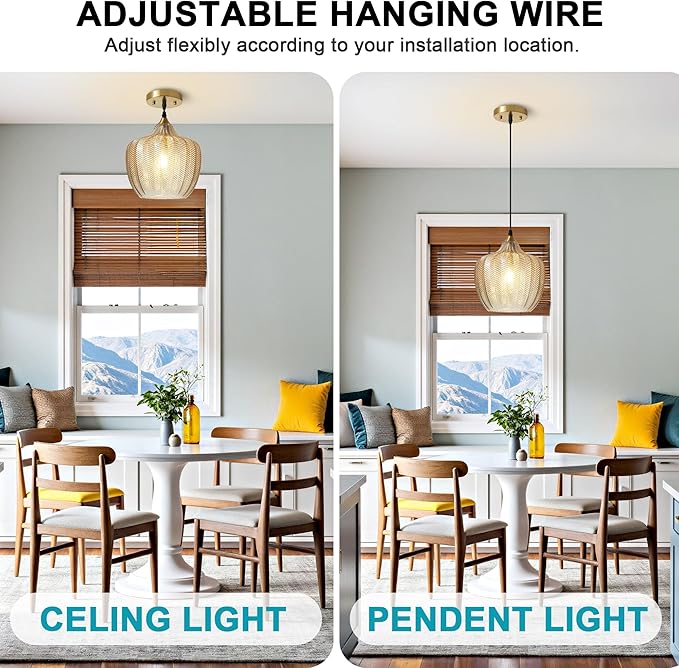 Modern Gold Pendant Light, Amber Glass Farmhouse Kitchen Island Pendant Light Fixture Adjustable Vintage Hanging Ceiling Light for Dining Room Corridor 9.45 inch 1 Pack, UL Certification