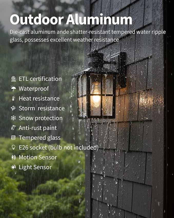 KDG Outdoor Motion Sensor Patio Wall Light Fixtures Set of 2, Black E26 Socket Waterproof Lanterns with Tempered Glass, Modern Wall Mounted Lamps Suitable for Home, Front Door, Garage, Porch