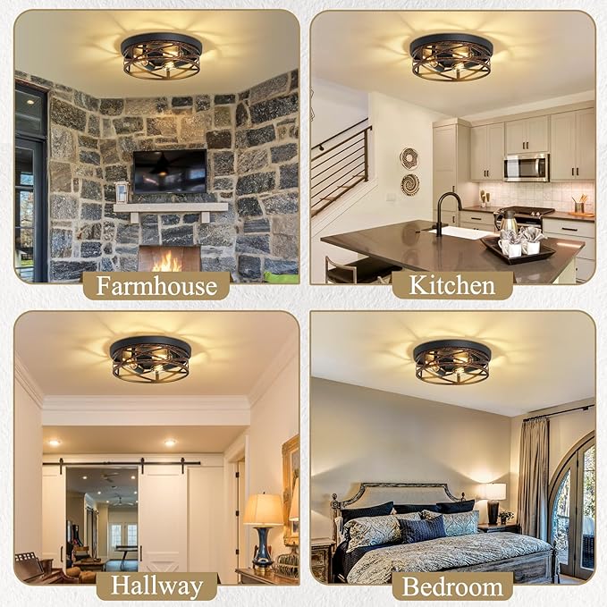 Flush Mount Ceiling Light Fixture,Vintage Metal Black Hallway Light Fixtures Ceiling,Light Fixtures Ceiling Mount for Farmhouse,Kitchen,Hall,Brown(1 Pack (Retro Metal Black, 13.11 inch)