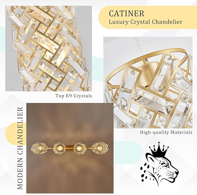 CATINER Gold Crystal Kitchen Island Lighting 40" Modern Linear Chandelier 4 Lights Ceiling Pendant Light Fixture Luxury for Kitchen Dining Room Living Room