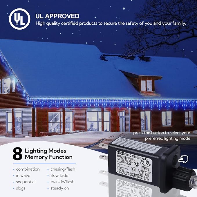 Hopolon 33FT 360 LED Blue White Christmas Icicle Lights,Waterproof Plug in | Outdoor icicle curtain lights with 60 drops, 8 modes, for Christmas, wedding, party, bedroom, garden, wall decor
