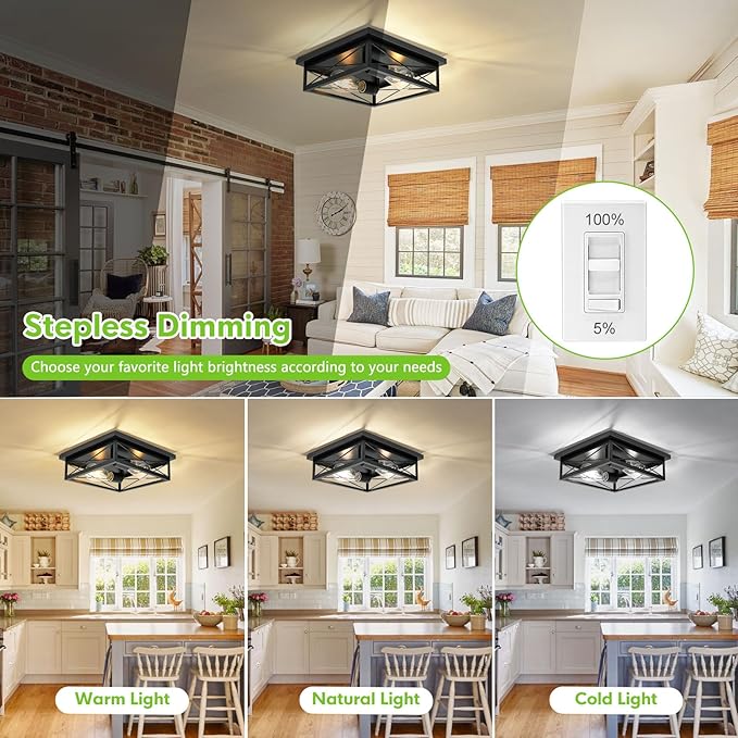 2 Pack Farmhouse Ceiling Light Fixture - Industrial Square Modern Black Flush Mount Ceiling Light for Kitchen, Hallway, Bedroom, Balcony, Porch, Stairway, E26 (Black, 10 Inch)