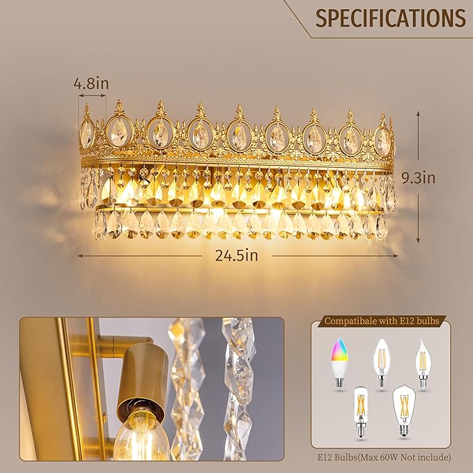 TOCHIC Bathroom Vanity Light Fixtures Over Mirror 4 Lights Gold Crystal Bathroom Wall Light Fixtures Indoor Dimmable, Farmhouse Vintage Sconces for Mirror Cabinets, Powder Room, Bedroom, 24.5” L