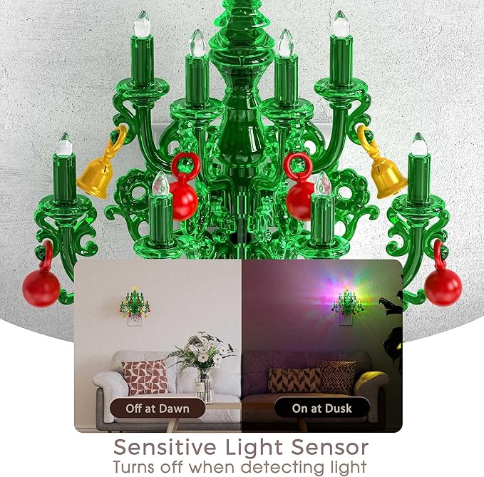 Briignite Christmas Night Light, RGB Color Changing Night Lights Plug into Wall, Chandelier Night Lights with Dusk to Dawn Sensor, Rotatble Plug in Nightlight for Christmas Decoration Party