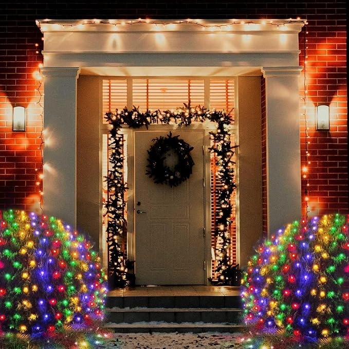 Christmas Net Lights, 610 LED Large Outdoor Net Mesh Lights 34.5X 5ft, 8 Modes Waterproof Twinkle String Lights Connectable for Bushes Christmas Yard Decor, Colorful