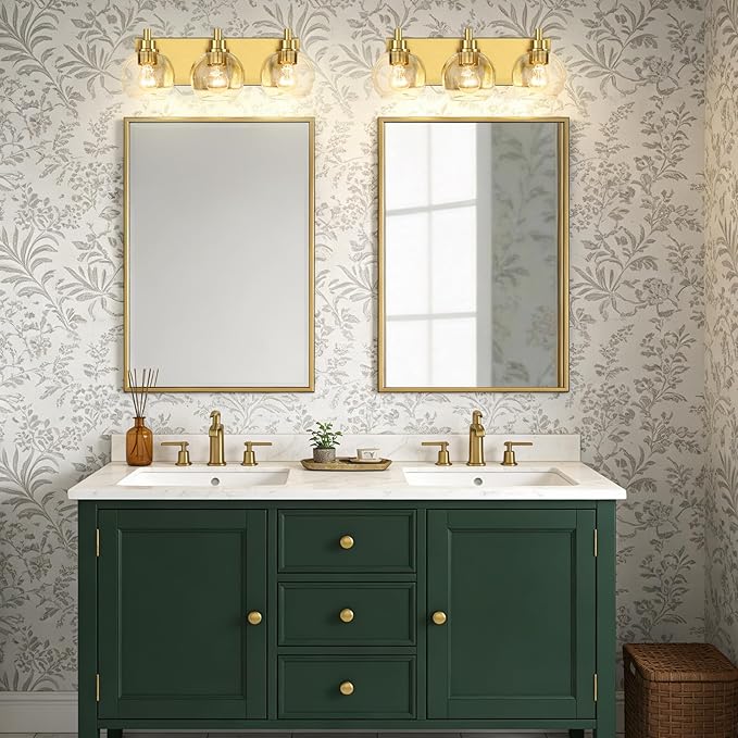 IZORRO Bathroom Light Fixtures, 3 Light Brushed Gold Vanity Light, Modern Wall Sconces with Globe Clear Glass Shade, Vanity Lighting Fixtures Over Mirror,E26 Bulb Socket