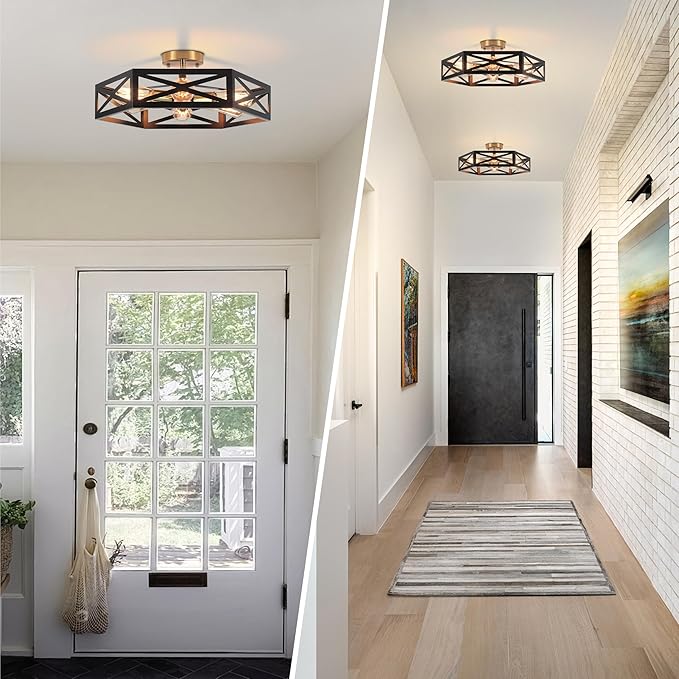 19.6" Rustic Foyer Lighting Fixtures, Black Farmhouse Kitchen Light Fixtures with Metal Cage Modern Black and Gold Hallway Light Fixture Black Ceiling Light for Bedroom Bathroom Foyer