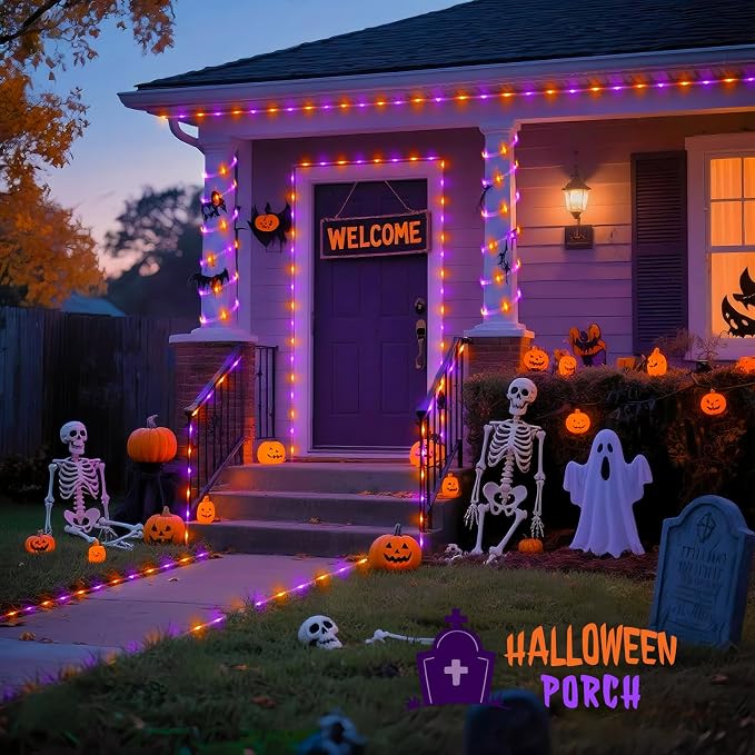JMEXSUSS Orange Purple Halloween Solar Lights, 66 ft 200 LED Purple Rope Lights Outdoor Waterproof, Orange Christmas String Lights for Halloween Fall Party Tree Christmas