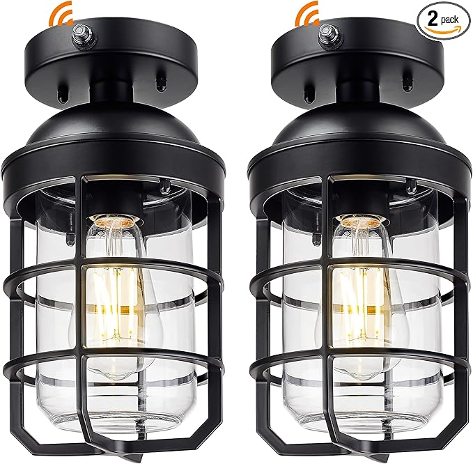 Emliviar Dusk to Dawn 2 Pack Semi Flush Mount Ceiling Lamps with Clear Tempered Glass Shade, Modern Black Metal Cage Ceiling Lights with Photocell Sensor, GE255LF-PC-2 BK