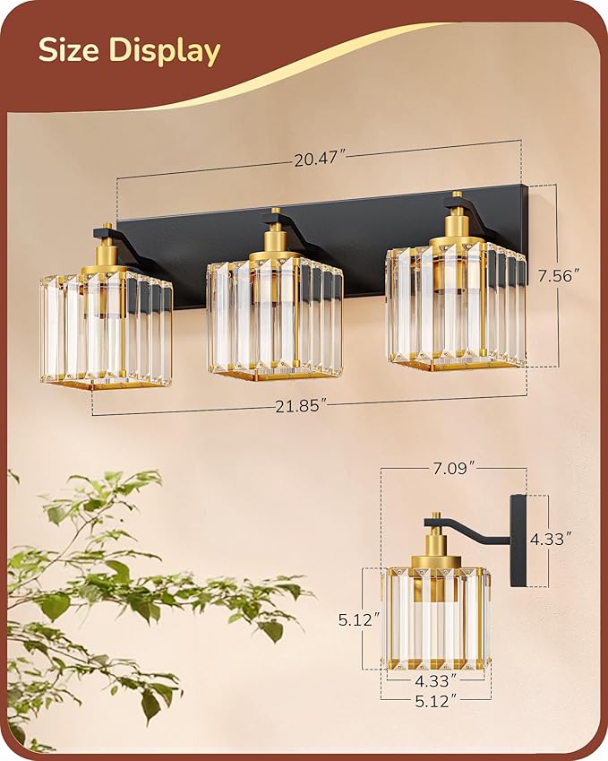 EDISHINE Bathroom Light Fixtures, 20.47'' Crystal Bathroom Vanity Lighting Fixtures Over Mirror, 3 Light Vanity Lights for Bath, Powder Room, Black and Gold, E26 Base