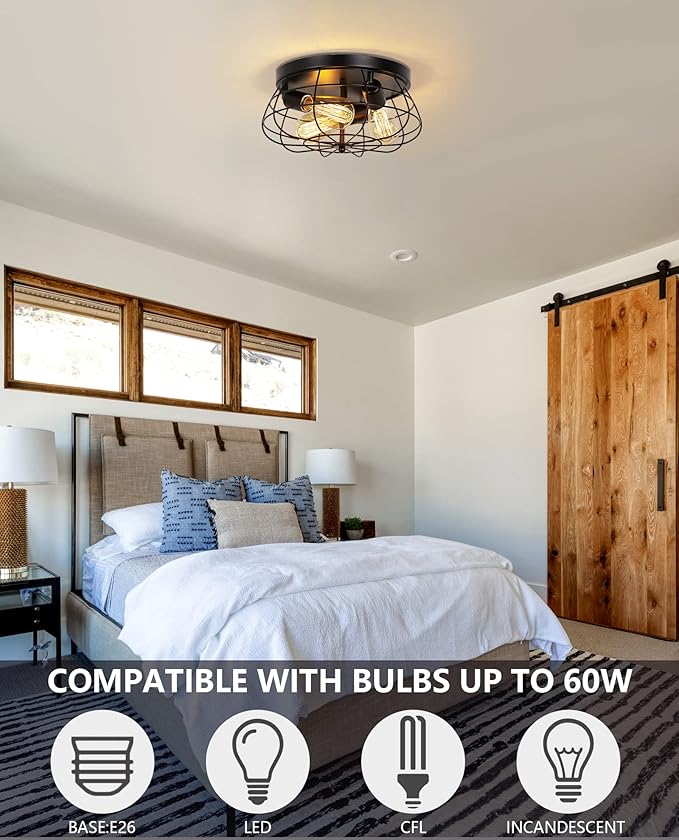 Farmhouse Flush Mount Ceiling Light Black Ceiling Light Fixtures 3-Light Industrial Flush Mount Ceiling Light Metal Cage Ceiling Lights for Kitchen Bedroom Living Room Hallway Foyer(E26 Base)