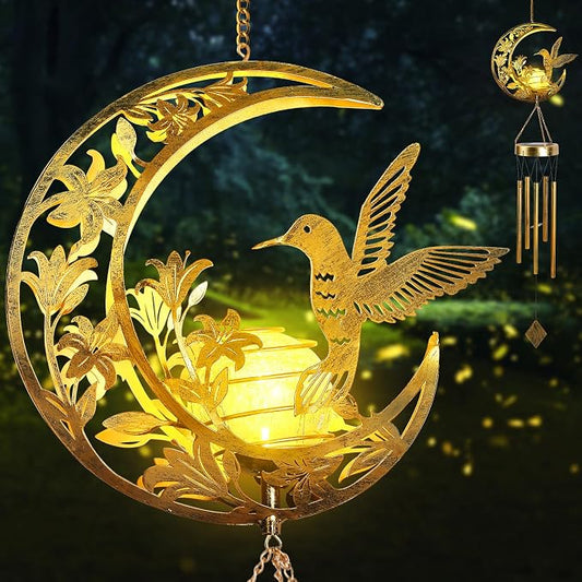 JOBOSI Moon Hummingbird Wind Chimes Decor Gifts, Solar Hummingbird Wind Chimes for Outside, Mother's Day Wind Chime Gift, Gifts for Mom, Women, Grandma, Outdoor Garden Lawn Yard Decor